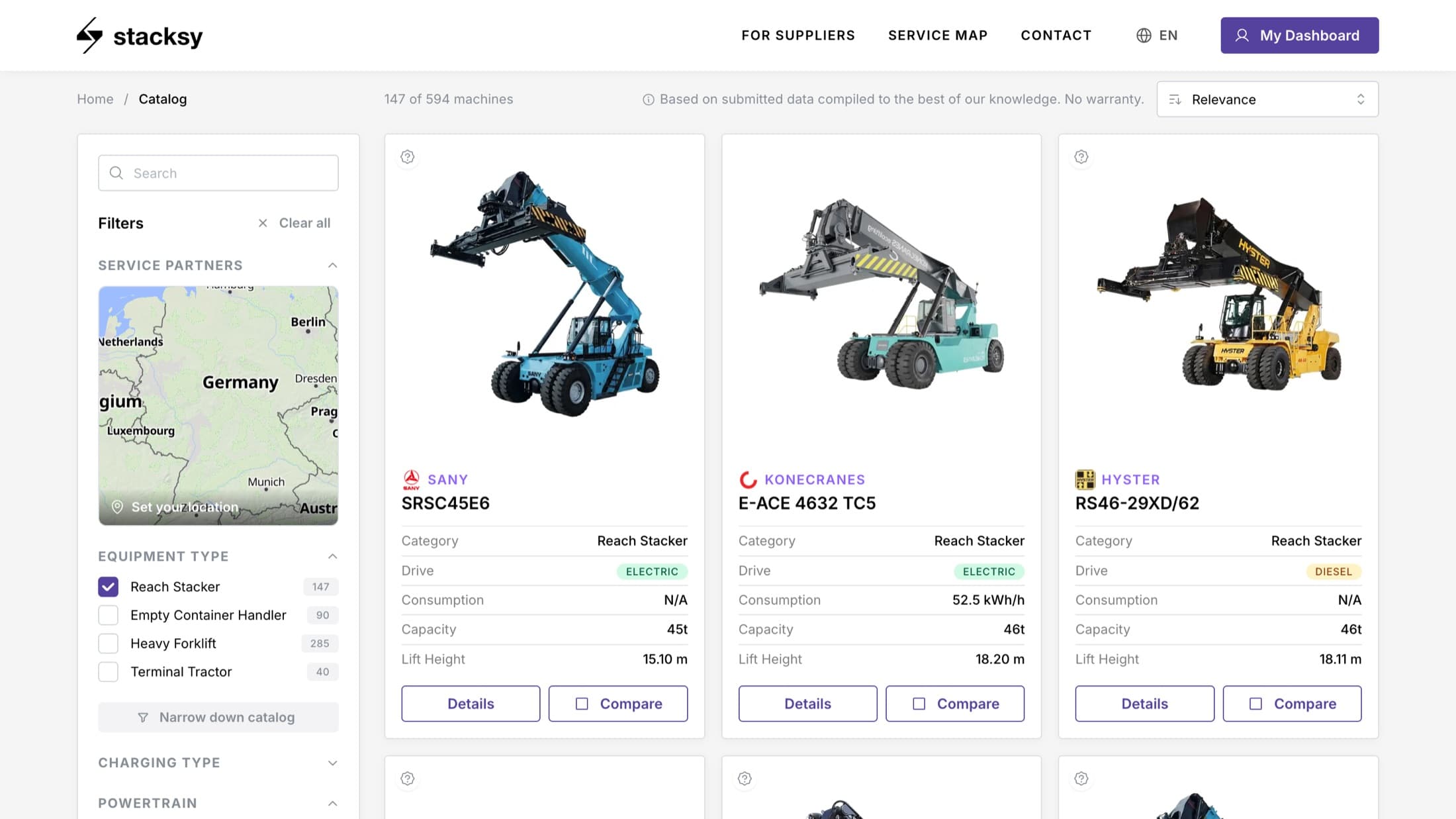 Stacksy equipment catalog filtered to reach stackers, showing machine cards with drive type, consumption, capacity and lift height