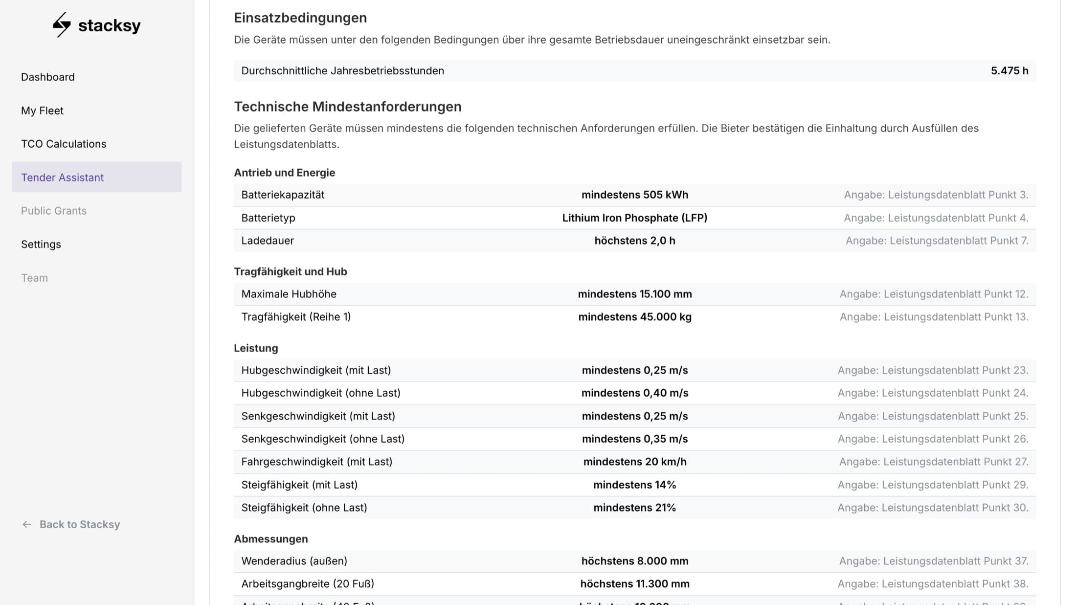 Generated tender document listing manufacturer-neutral technical minimum requirements with references to the bidder datasheet